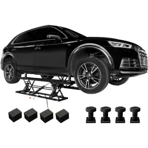 Portable car lift capable of lifting a 7000 pound quick jack, with a maximum height of 28 inches, black
