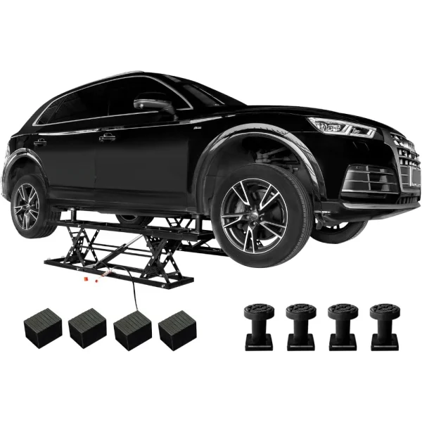 Portable car lift capable of lifting a 7000 pound quick jack, with a maximum height of 28 inches, black